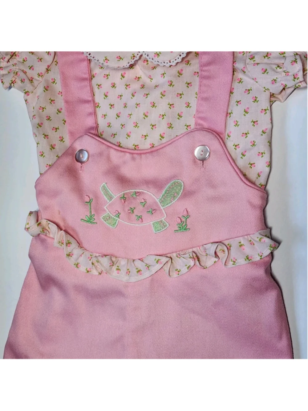 Vintage Toddler Baby Overalls Set 12 Months Pink Floral Embroidery Turtle Outfit